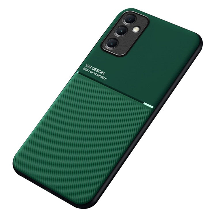 For Samsung Galaxy M14 5G Phone Case Lines Imprinted Leather+TPU Cover Support Magnetic Car Mount - Green
