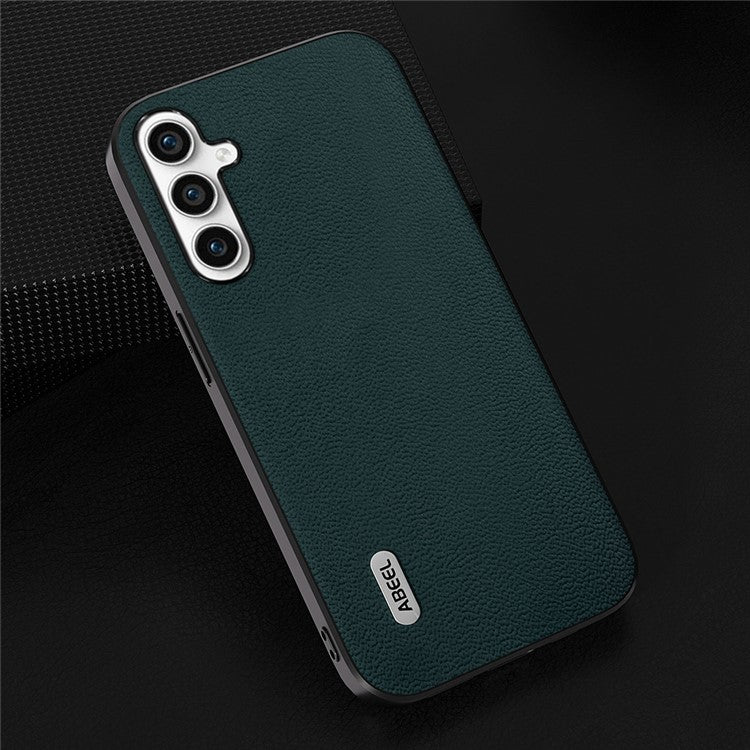 ABEEL Litchi Texture Case for Samsung Galaxy A14 4G / A14 5G , Shockproof Genuine Cow Leather Coated PC+TPU Phone Cover - Midnight Green