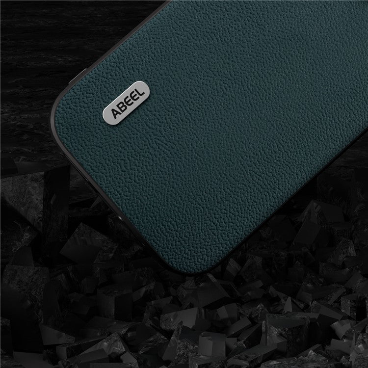 ABEEL Litchi Texture Case for Samsung Galaxy A14 4G / A14 5G , Shockproof Genuine Cow Leather Coated PC+TPU Phone Cover - Midnight Green