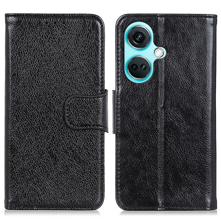 For OnePlus Nord CE3 5G Split Leather Wallet Case Nappa Texture Phone Cover with Stand Function - Black