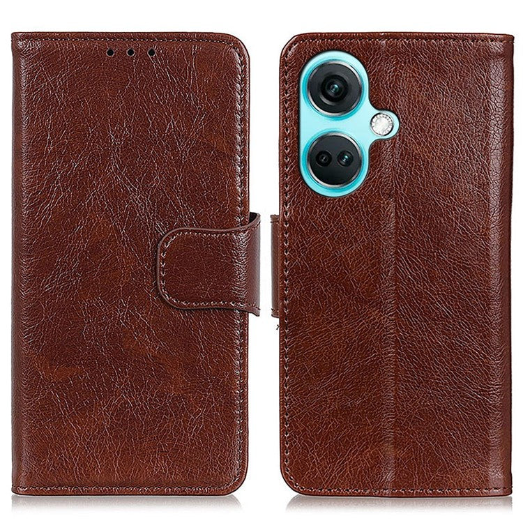 For OnePlus Nord CE3 5G Split Leather Wallet Case Nappa Texture Phone Cover with Stand Function - Brown