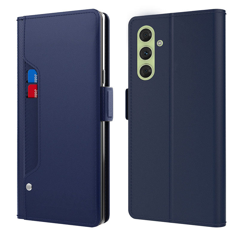 For Samsung Galaxy F34 5G / M34 5G PU Leather Phone Stand Cover Anti-Scratch Phone Case Shell with Card Slot and Built-in Mirror - Blue