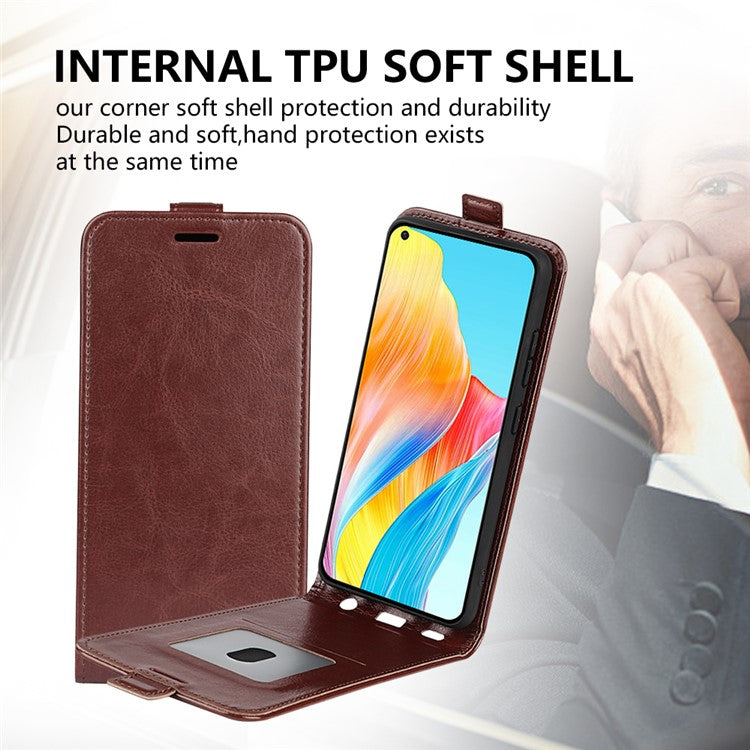PU Leather Phone Case for Oppo A78 4G , Crazy Horse Texture Card Holder Vertical Flip Cover - Brown