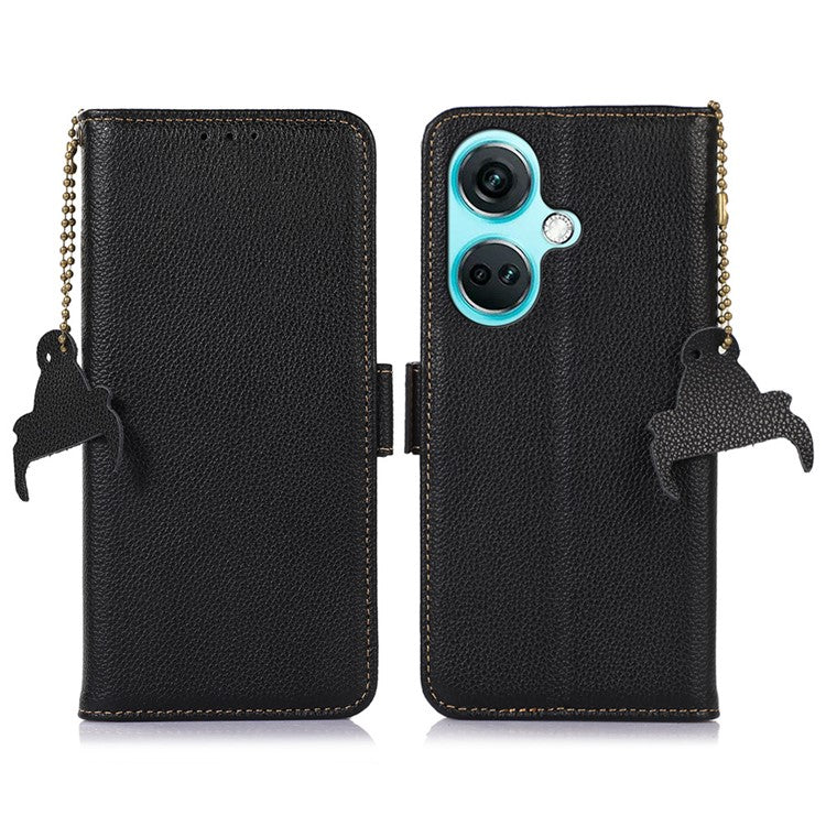 For OnePlus Nord CE3 5G Genuine Cow Leather RFID Blocking Phone Case Litchi Texture Stand Wallet Cover - Black
