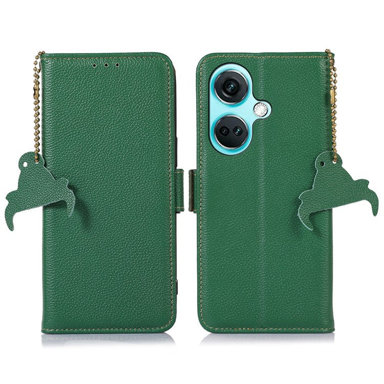 For OnePlus Nord CE3 5G Genuine Cow Leather RFID Blocking Phone Case Litchi Texture Stand Wallet Cover - Green