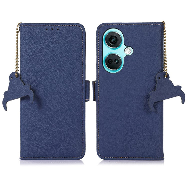 For OnePlus Nord CE3 5G Genuine Cow Leather RFID Blocking Phone Case Litchi Texture Stand Wallet Cover - Sapphire