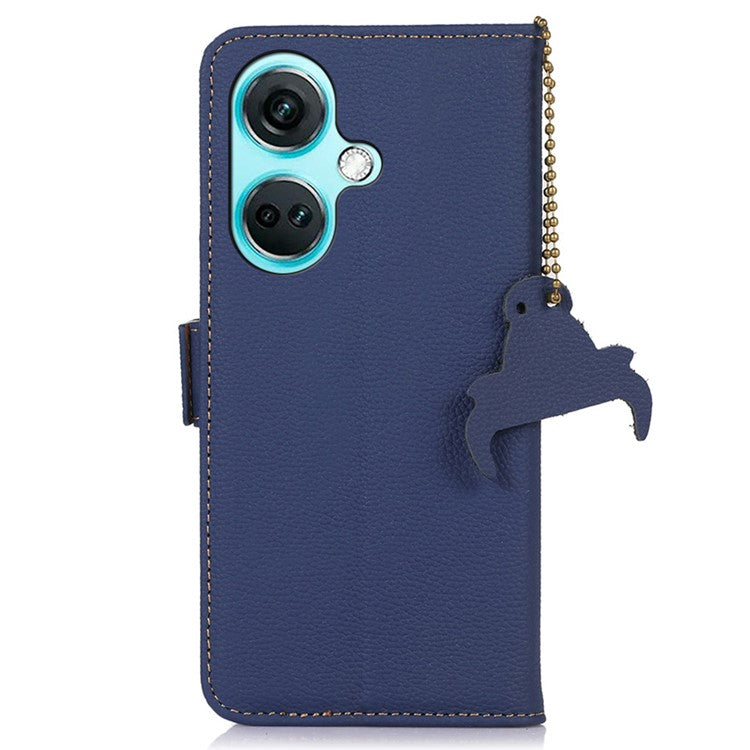For OnePlus Nord CE3 5G Genuine Cow Leather RFID Blocking Phone Case Litchi Texture Stand Wallet Cover - Sapphire
