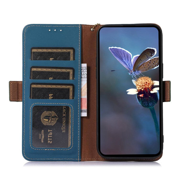 For OnePlus Nord CE3 5G RFID Blocking Phone Case Silky Genuine Cow Leather Wallet Stand Cover - Blue