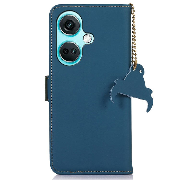 For OnePlus Nord CE3 5G RFID Blocking Phone Case Silky Genuine Cow Leather Wallet Stand Cover - Blue