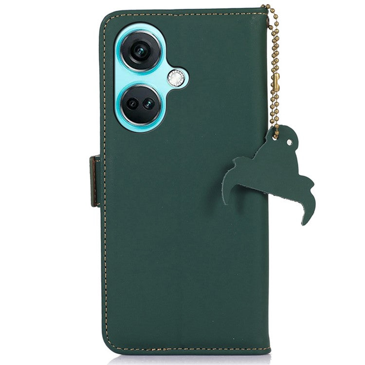For OnePlus Nord CE3 5G RFID Blocking Phone Case Silky Genuine Cow Leather Wallet Stand Cover - Green