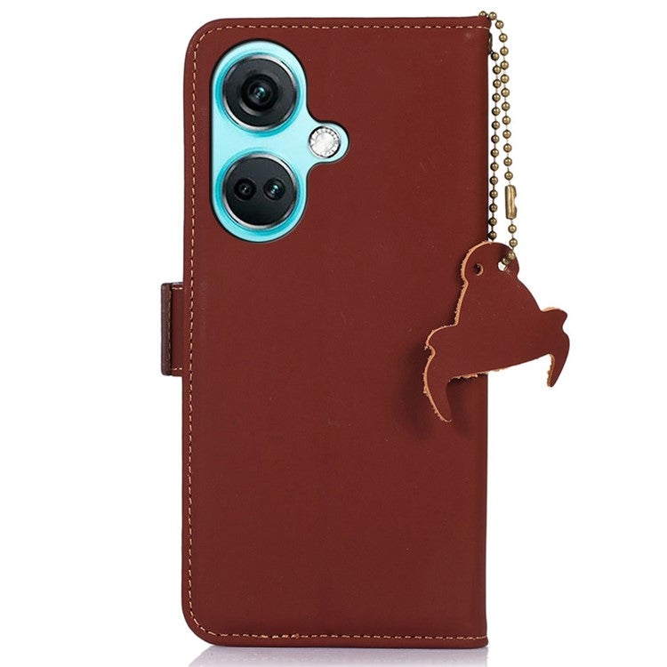 For OnePlus Nord CE3 5G RFID Blocking Phone Case Silky Genuine Cow Leather Wallet Stand Cover - Coffee