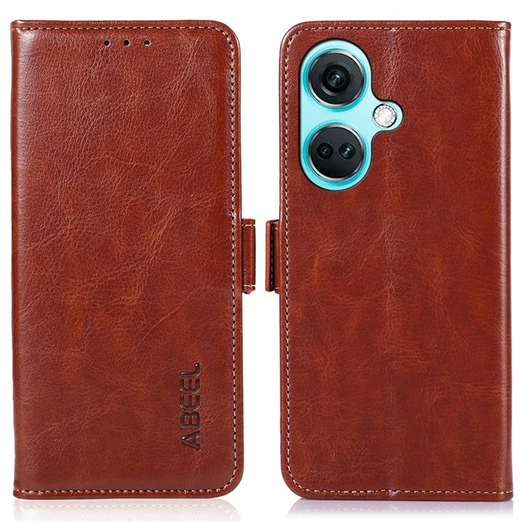 ABEEL For OnePlus Nord CE3 5G Foldable Stand Crazy Horse Texture Case PU Leather Wallet Phone Cover - Brown