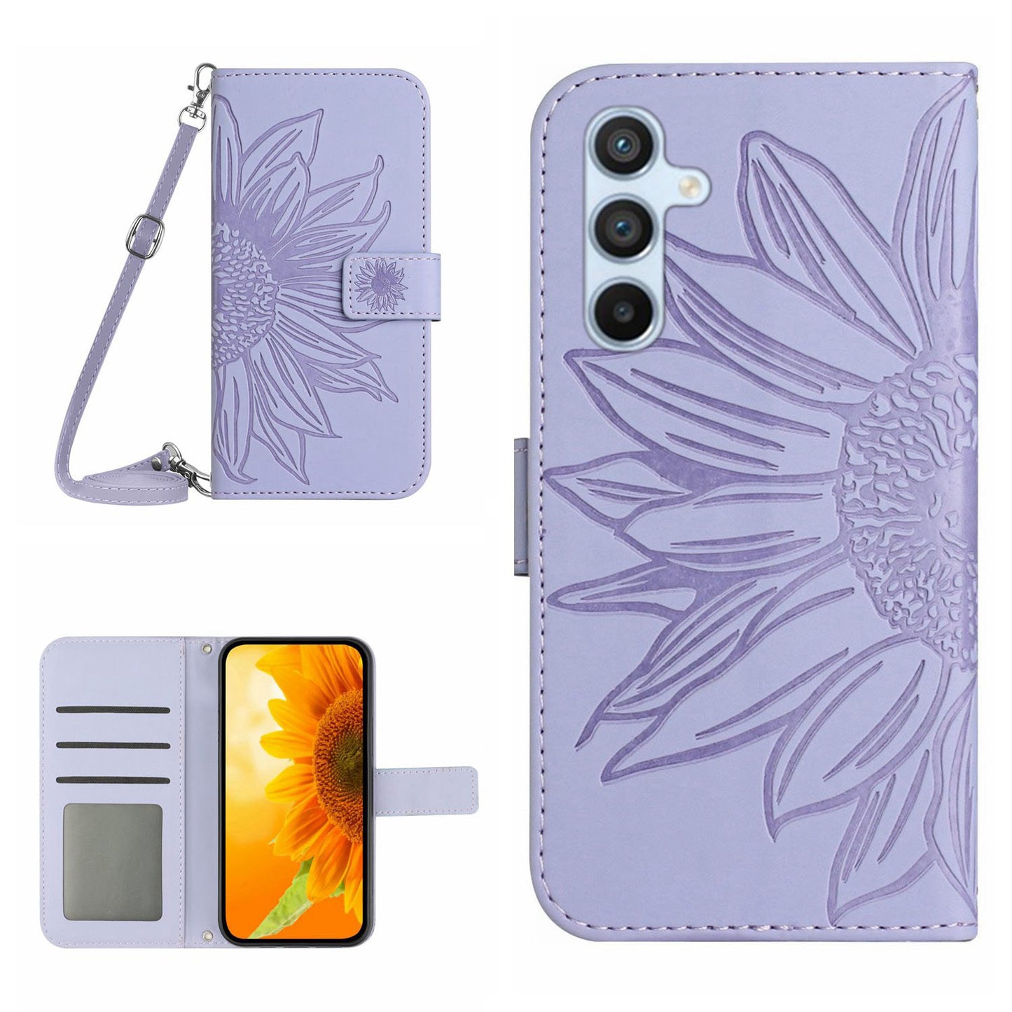 HT04 For Samsung Galaxy F34 5G / M34 5G Leather Wallet Stand Phone Case Sunflower Imprinted Cover with Shoulder Strap - Light Purple