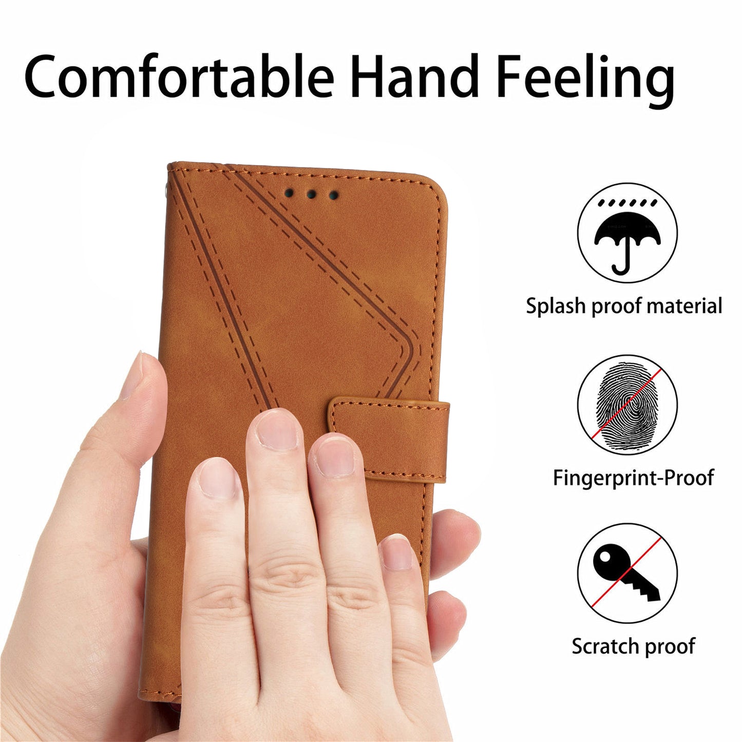 HT05 For Samsung Galaxy F34 5G / M34 5G PU Leather Phone Case Imprinted Line Wallet Stand Cover - Brown