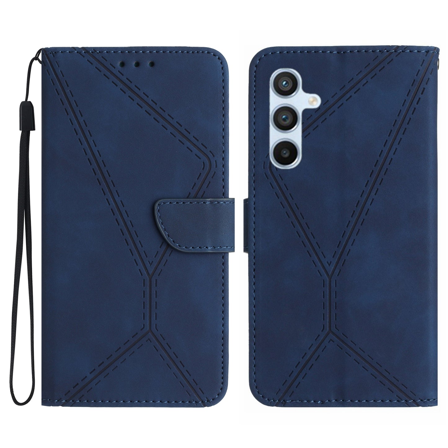 HT05 For Samsung Galaxy F34 5G / M34 5G PU Leather Phone Case Imprinted Line Wallet Stand Cover - Blue