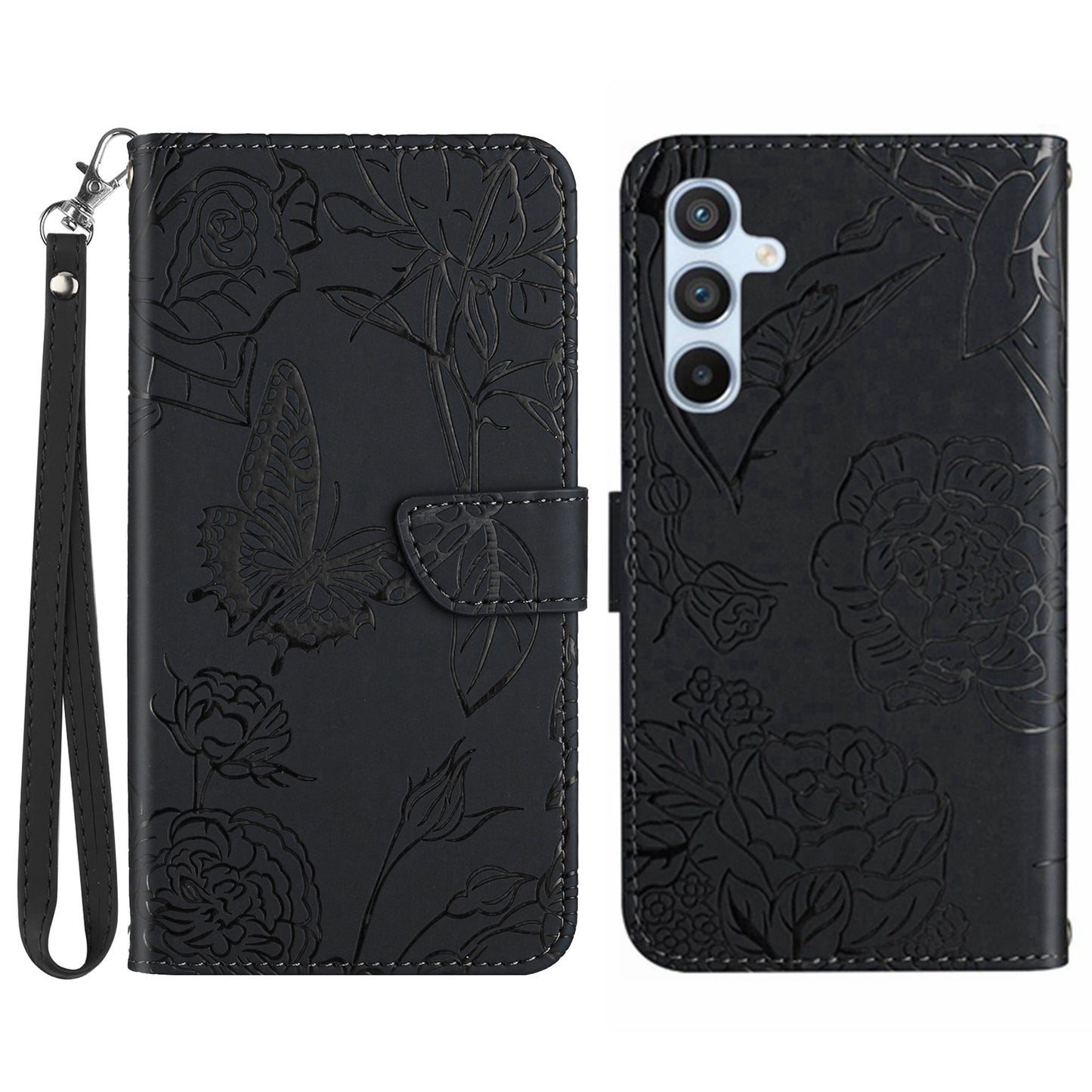 HT03 For Samsung Galaxy F34 5G / M34 5G PU Leather Imprinted Case Wallet Stand Phone Cover with Wrist Strap - Black