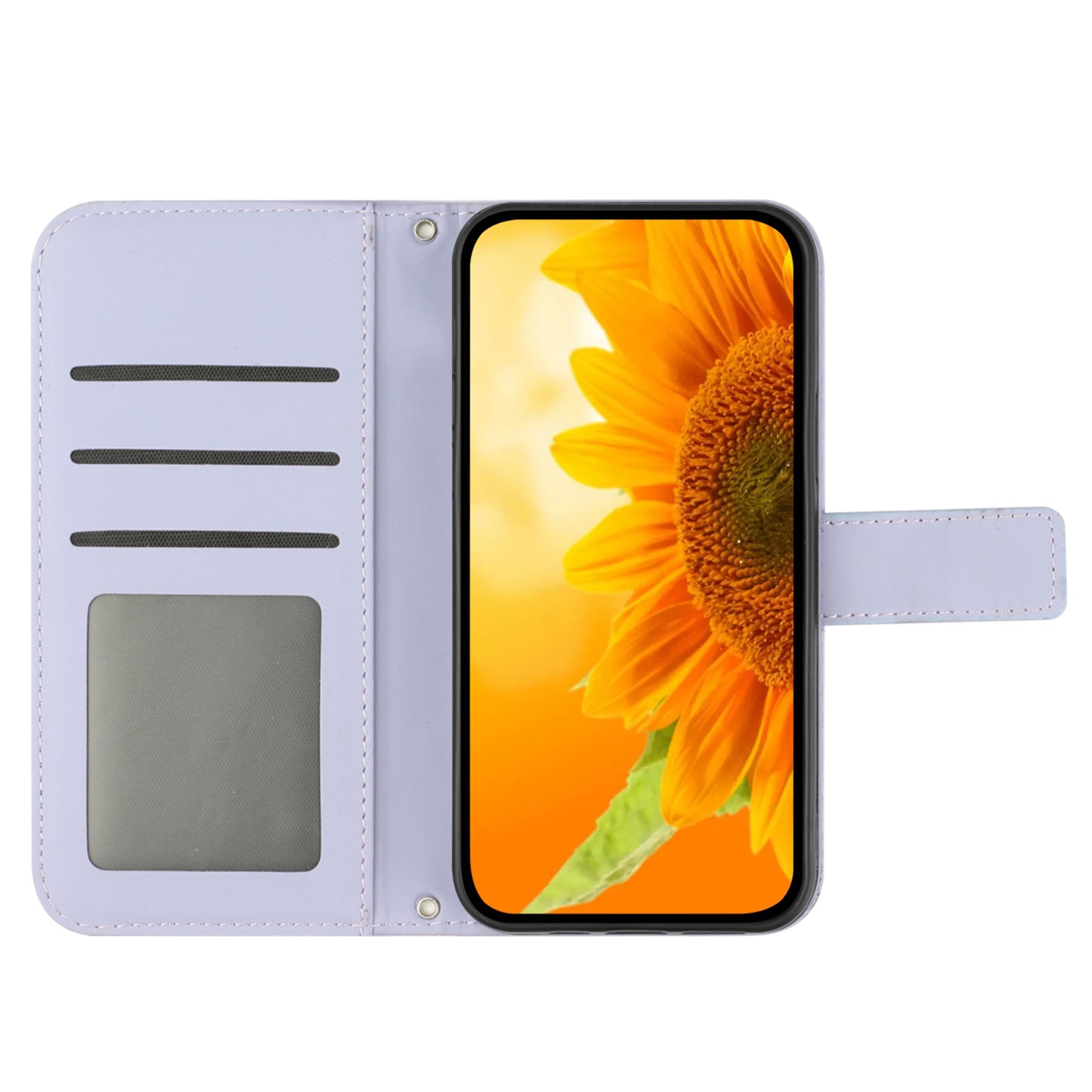 HT04 For Samsung Galaxy F34 5G / M34 5G Sunflower Imprinted Cellphone Cover Leather Wallet Stand Case with Hand Strap - Light Purple