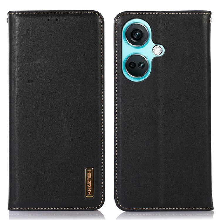 KHAZNEH For OnePlus Nord CE3 5G Genuine Cow Leather Phone Case Stand Cover RFID Blocking Wallet Shell - Black