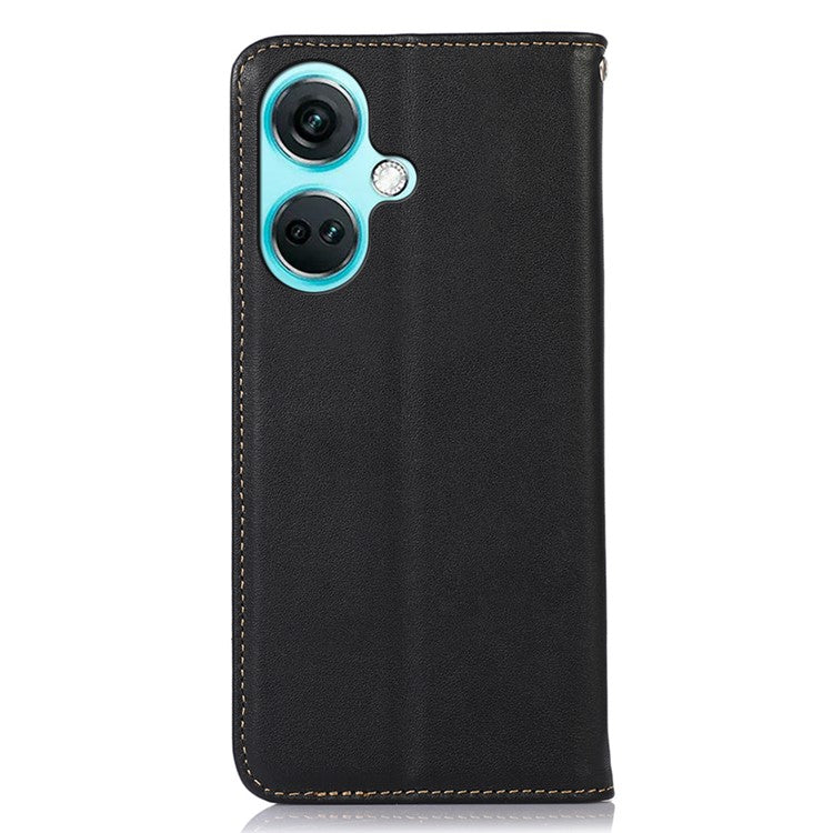 KHAZNEH For OnePlus Nord CE3 5G Genuine Cow Leather Phone Case Stand Cover RFID Blocking Wallet Shell - Black