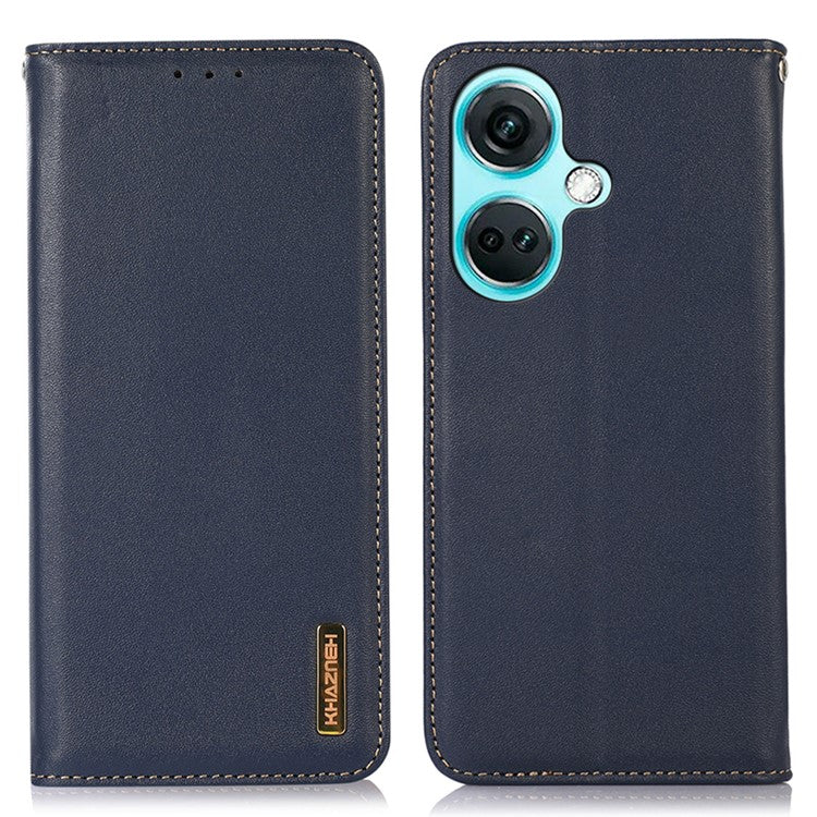 KHAZNEH For OnePlus Nord CE3 5G Genuine Cow Leather Phone Case Stand Cover RFID Blocking Wallet Shell - Blue