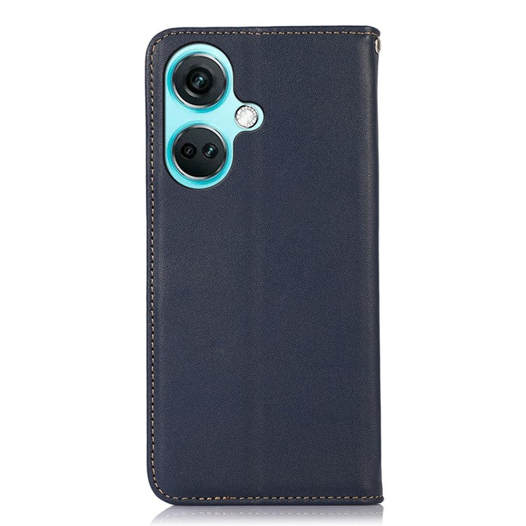 KHAZNEH For OnePlus Nord CE3 5G Genuine Cow Leather Phone Case Stand Cover RFID Blocking Wallet Shell - Blue