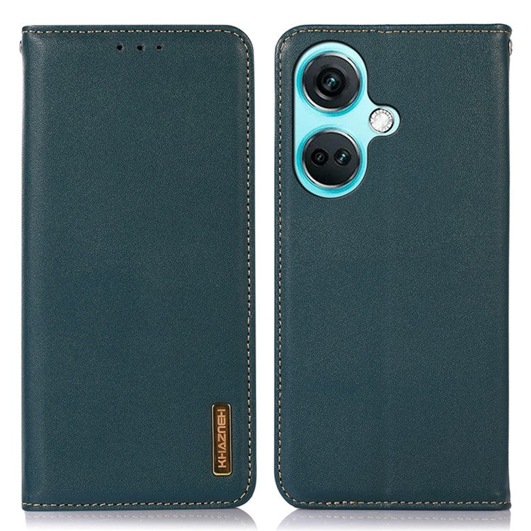 KHAZNEH For OnePlus Nord CE3 5G Genuine Cow Leather Phone Case Stand Cover RFID Blocking Wallet Shell - Green