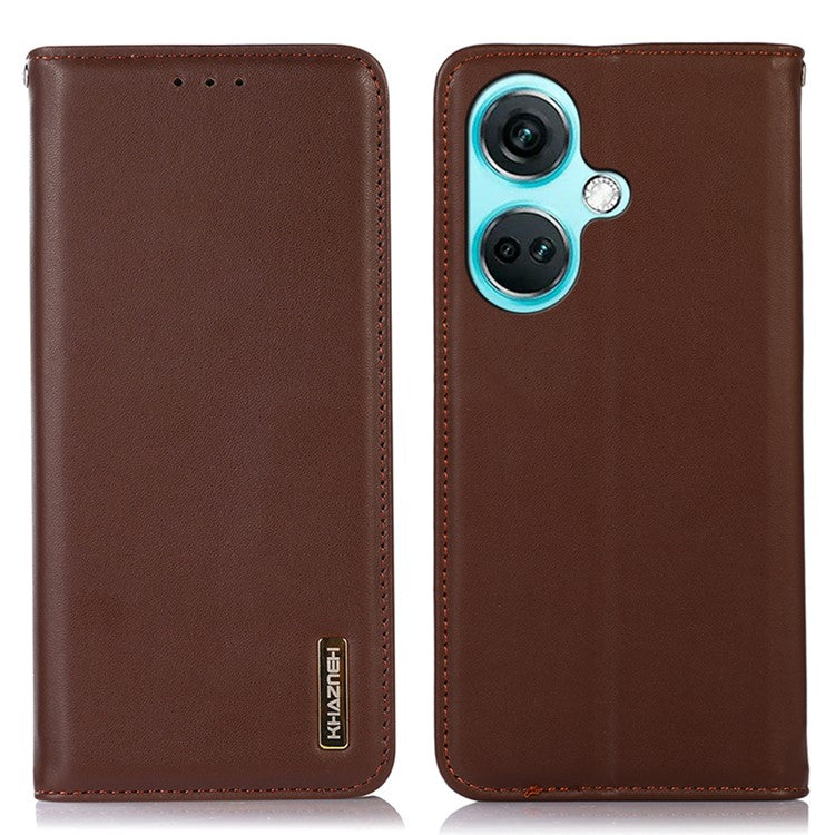 KHAZNEH For OnePlus Nord CE3 5G Genuine Cow Leather Phone Case Stand Cover RFID Blocking Wallet Shell - Brown