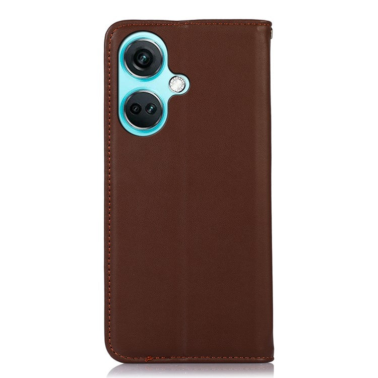 KHAZNEH For OnePlus Nord CE3 5G Genuine Cow Leather Phone Case Stand Cover RFID Blocking Wallet Shell - Brown