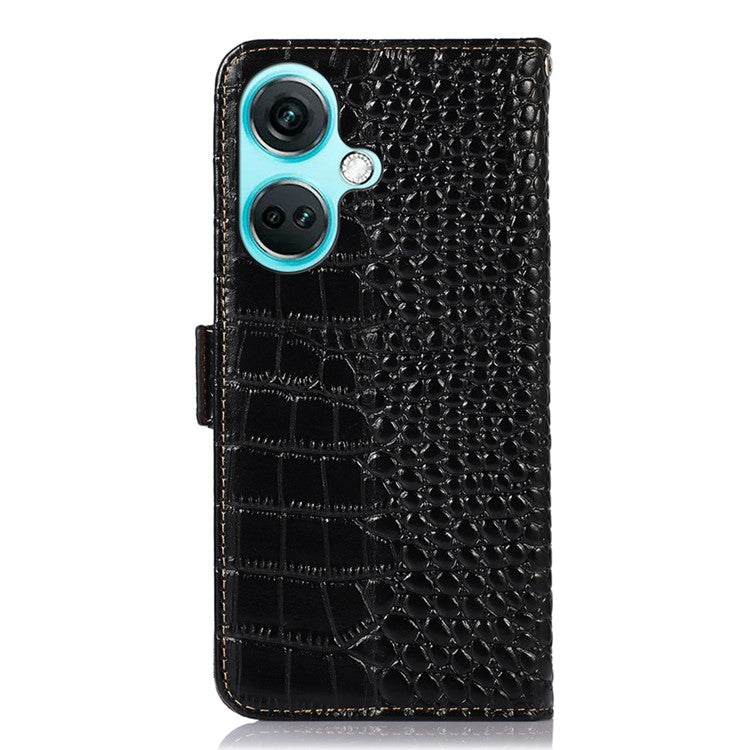 For OnePlus Nord CE3 5G Genuine Cow Leather RFID Blocking Wallet Cover Crocodile Texture Stand Phone Case - Black