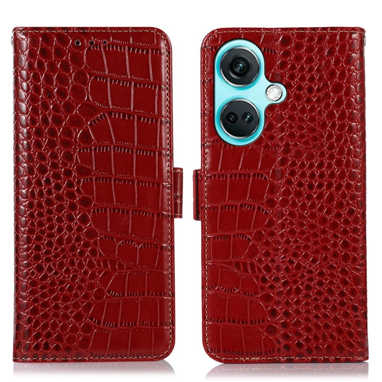 For OnePlus Nord CE3 5G Genuine Cow Leather RFID Blocking Wallet Cover Crocodile Texture Stand Phone Case - Red