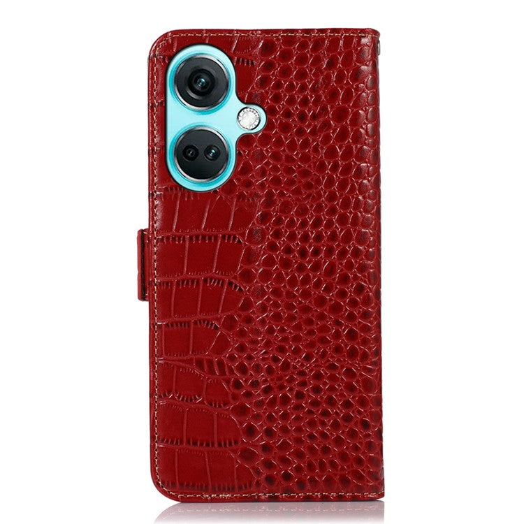 For OnePlus Nord CE3 5G Genuine Cow Leather RFID Blocking Wallet Cover Crocodile Texture Stand Phone Case - Red