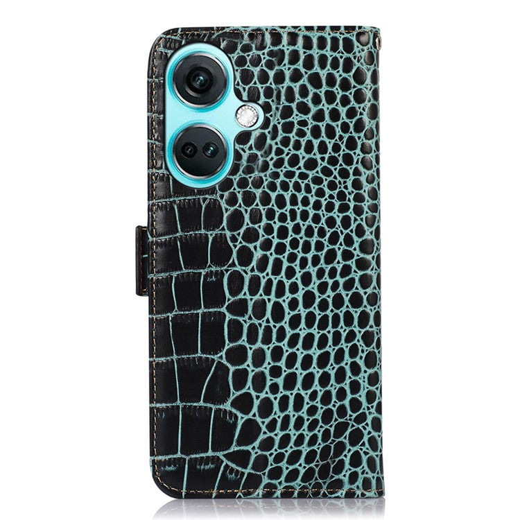For OnePlus Nord CE3 5G Genuine Cow Leather RFID Blocking Wallet Cover Crocodile Texture Stand Phone Case - Green