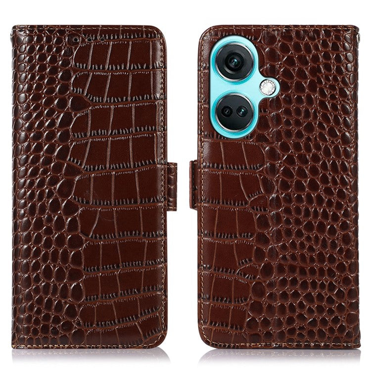 For OnePlus Nord CE3 5G Genuine Cow Leather RFID Blocking Wallet Cover Crocodile Texture Stand Phone Case - Brown