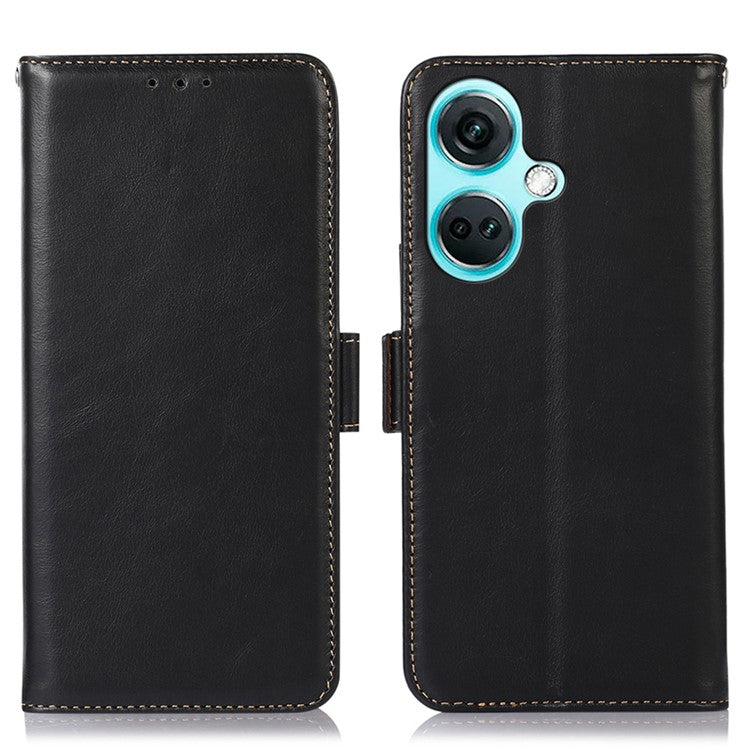 For OnePlus Nord CE3 5G RFID Blocking Wallet Stand Cover Genuine Cow Leather Anti-drop Phone Case - Black