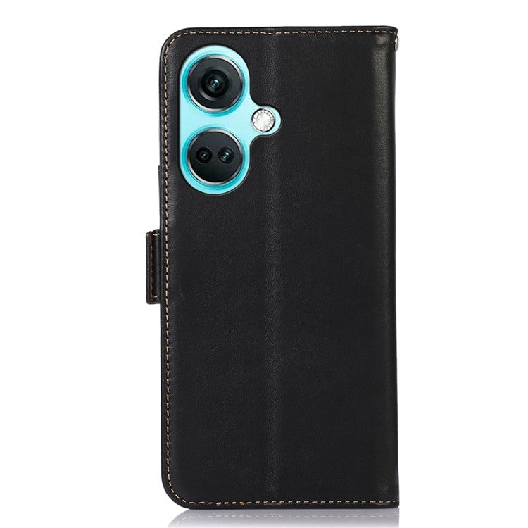 For OnePlus Nord CE3 5G RFID Blocking Wallet Stand Cover Genuine Cow Leather Anti-drop Phone Case - Black
