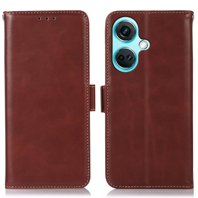 For OnePlus Nord CE3 5G RFID Blocking Wallet Stand Cover Genuine Cow Leather Anti-drop Phone Case - Brown