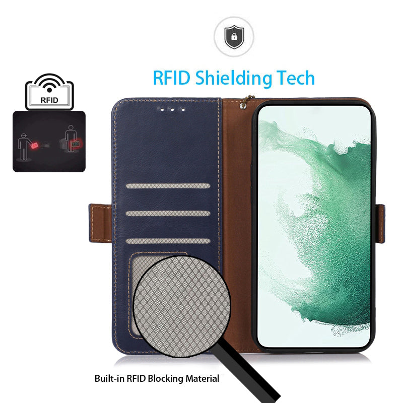 For Samsung Galaxy F34 5G / M34 5G RFID Blocking Wallet Stand Cover Genuine Cow Leather Shockproof Phone Case - Blue