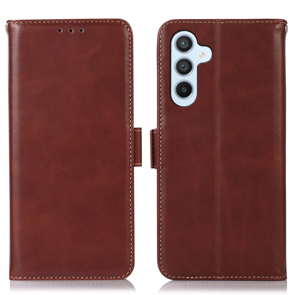 For Samsung Galaxy F34 5G / M34 5G RFID Blocking Wallet Stand Cover Genuine Cow Leather Shockproof Phone Case - Brown