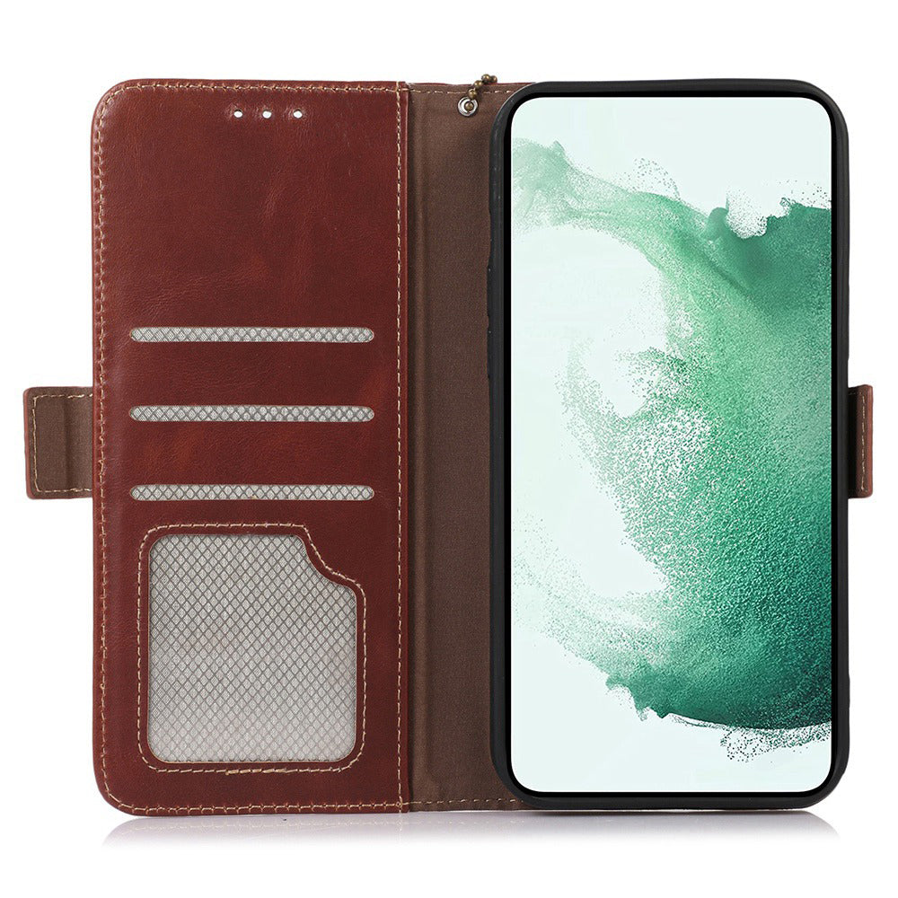For Samsung Galaxy F34 5G / M34 5G RFID Blocking Wallet Stand Cover Genuine Cow Leather Shockproof Phone Case - Brown