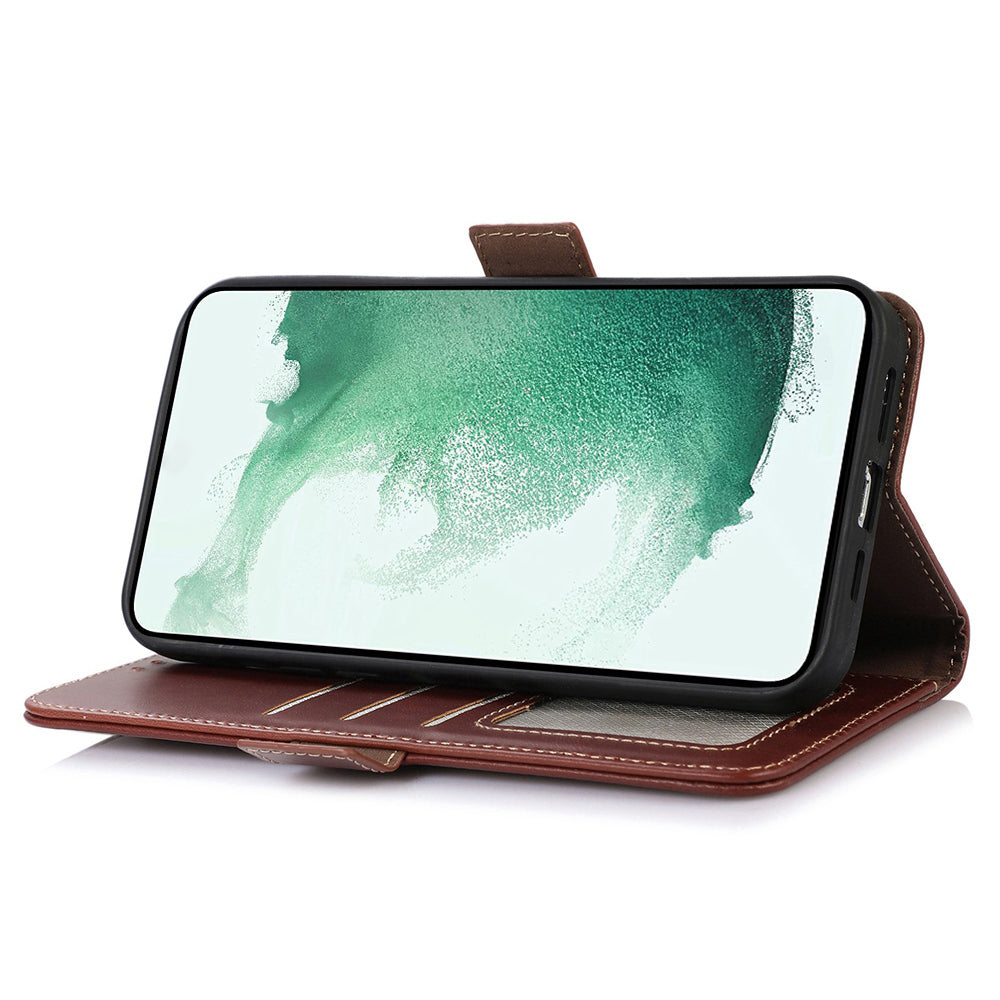 For Samsung Galaxy F34 5G / M34 5G RFID Blocking Wallet Stand Cover Genuine Cow Leather Shockproof Phone Case - Brown