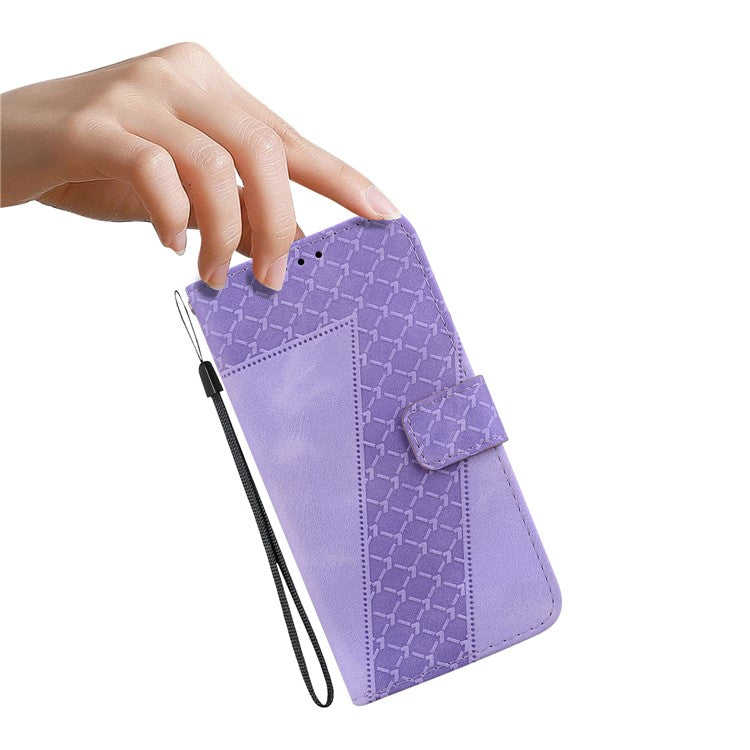 For Samsung Galaxy A04e 4G / F04 4G / M04 4G 7-Shape Imprinted Phone Case Anti-fall Leather Wallet Stand Shell - Purple