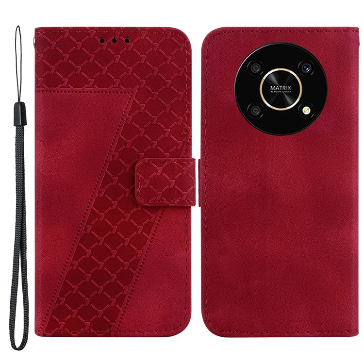 For Honor X9 4G / 5G Slim-Fit Shell Leather Phone Case Stand Imprinted 7-Shape Pattern Wallet Flip Cover - Red