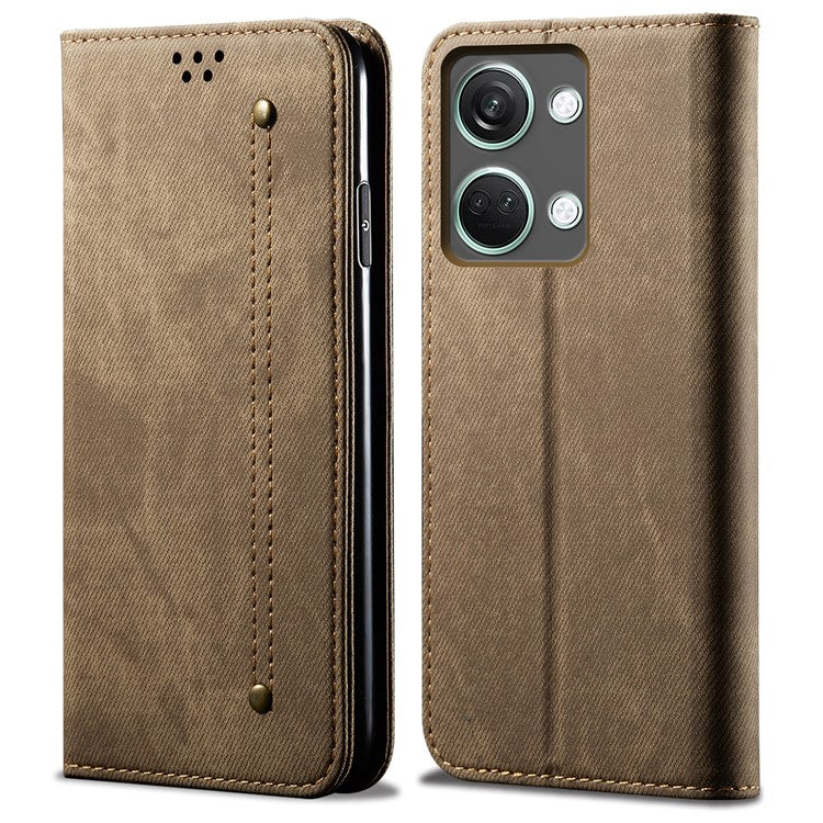 For OnePlus Ace 2V / Nord 3 5G Jeans Cloth Texture Wallet Phone Case PU Leather Stand Cover - Khaki