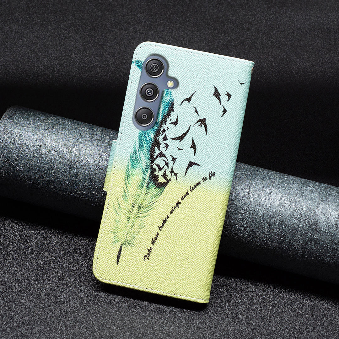 For Samsung Galaxy F34 5G / M34 5G PU Leather Pattern Printing Phone Case Wallet Stand Anti-drop Cover - Feather and Birds