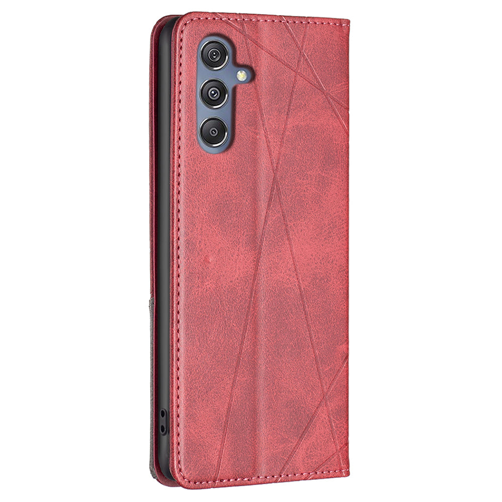 For Samsung Galaxy F34 5G / M34 5G Stand Flip Cover PU Leather Imprinted Line Phone Case with Card Slots - Red