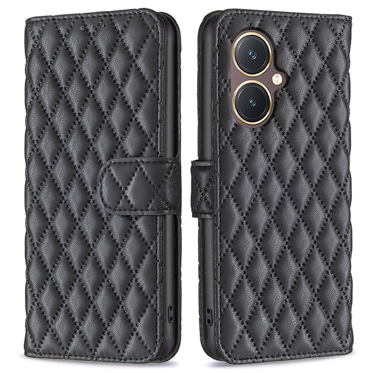 BINFEN COLOR BF Style-14 for vivo Y27 4G Imprinted Grid Phone Case PU Leather Stand Wallet Cover - Black