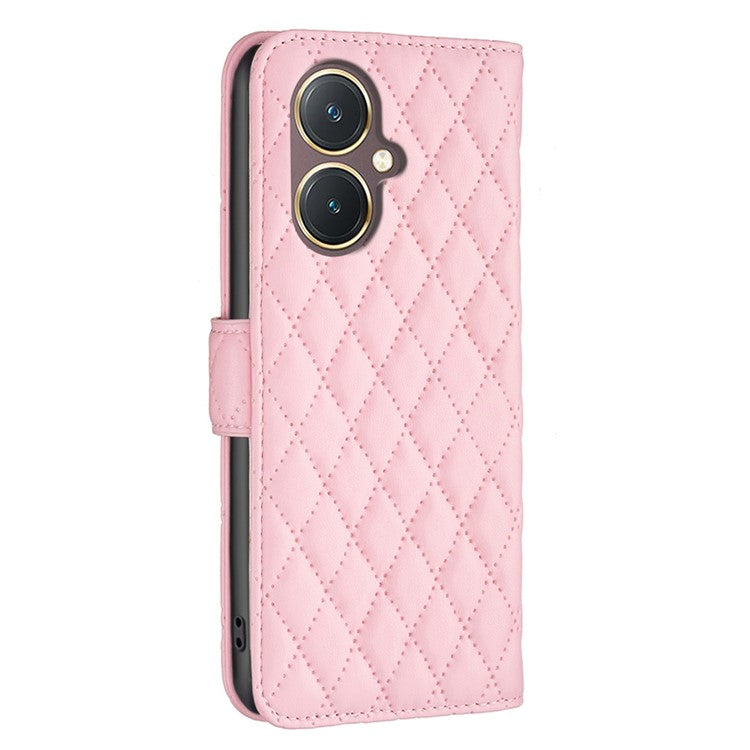 BINFEN COLOR BF Style-14 for vivo Y27 4G Imprinted Grid Phone Case PU Leather Stand Wallet Cover - Pink
