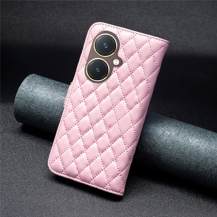 BINFEN COLOR BF Style-14 for vivo Y27 4G Imprinted Grid Phone Case PU Leather Stand Wallet Cover - Pink