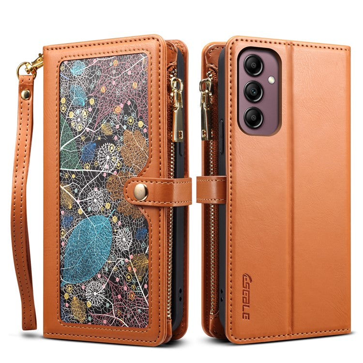 ESEBLE Galaxy Series Stand Folio Cover for Samsung Galaxy S23 FE , RFID Blocking Leather Zipper Pocket Wallet Phone Case - Brown