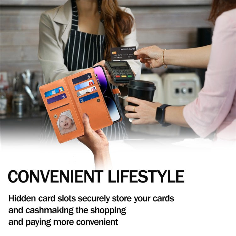 ESEBLE Galaxy Series Stand Folio Cover for Samsung Galaxy S23 FE , RFID Blocking Leather Zipper Pocket Wallet Phone Case - Brown